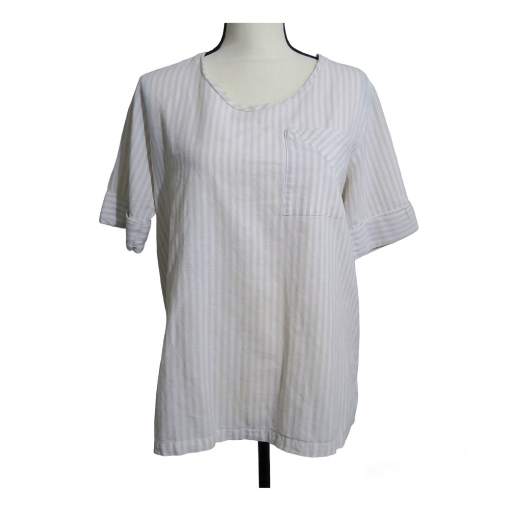 Symple Linen Striped Short Sleeve Boxy Top Lagenlook Relaxed Fit